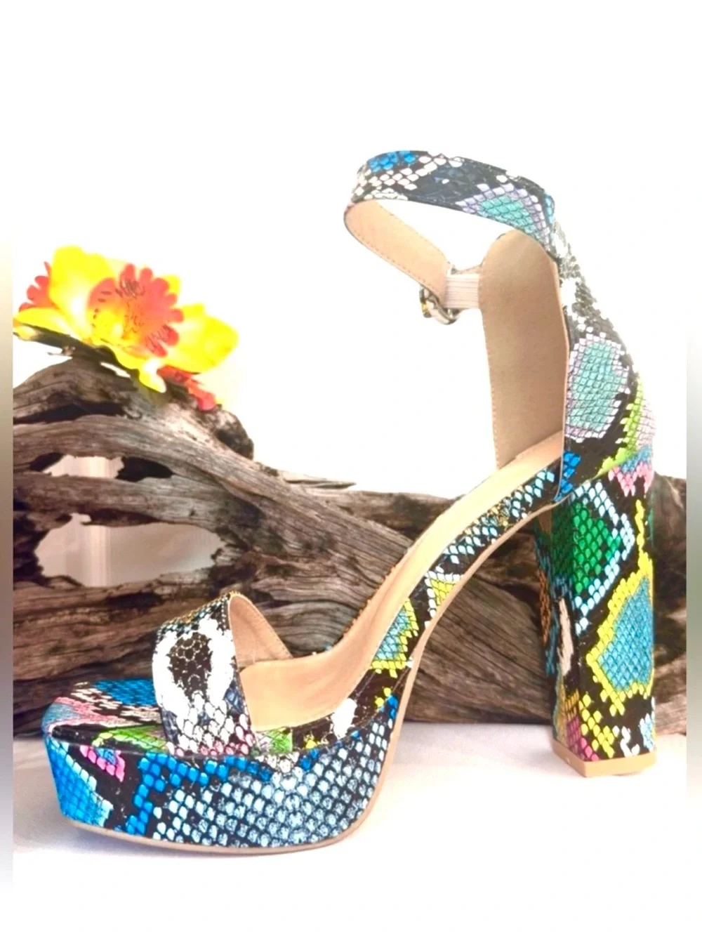 FASHION SHOE ~ Multi-Color Snakeskin Print Open Toe Platform Ankle-Strap Heels